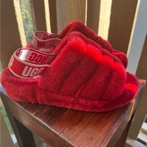 UGG Red Fluffy Platform Slides